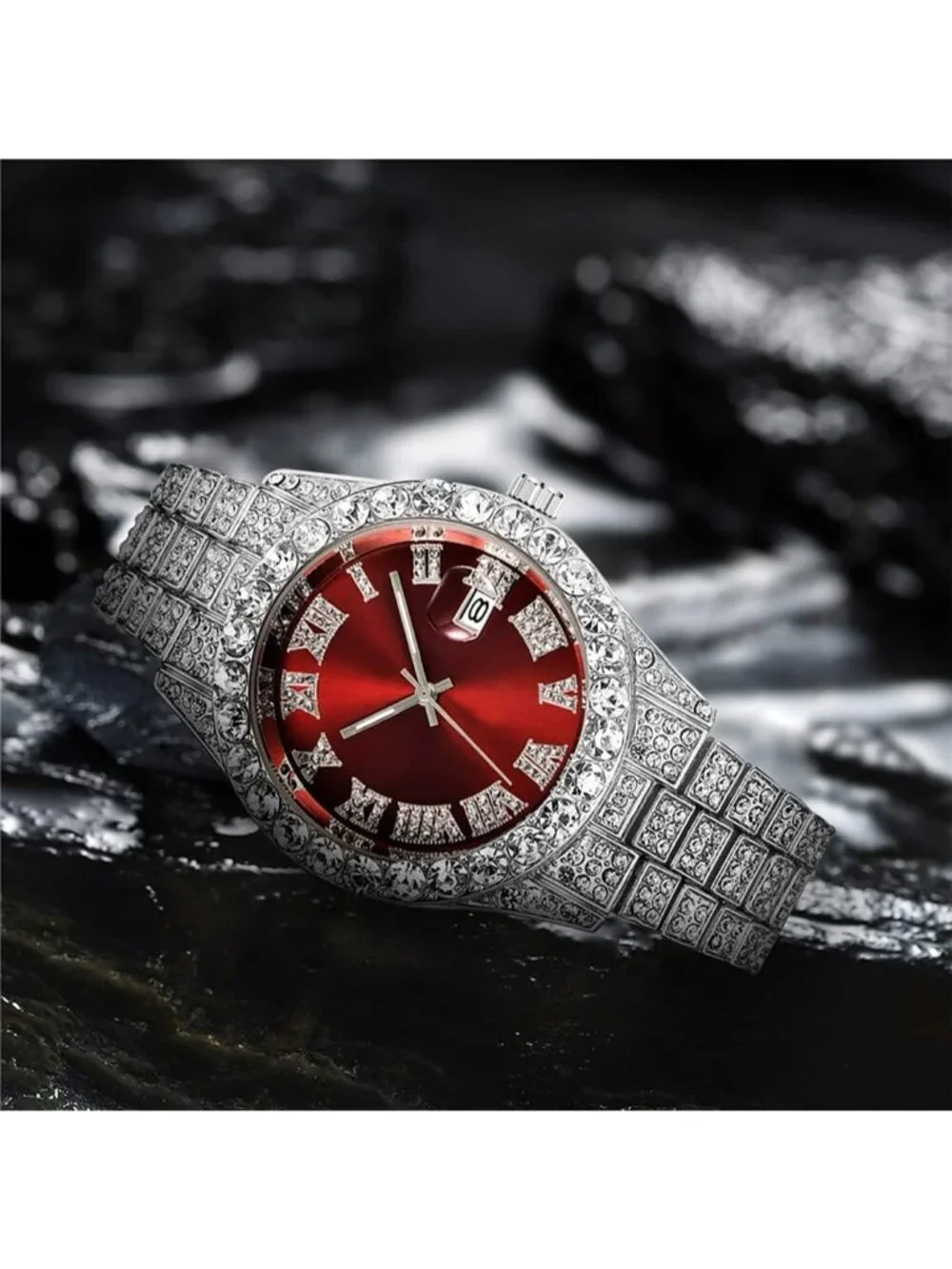 Men's Silver Red Analog Crystal Rhinestone Diamond Iced-Out Bracelet Wrist Watch